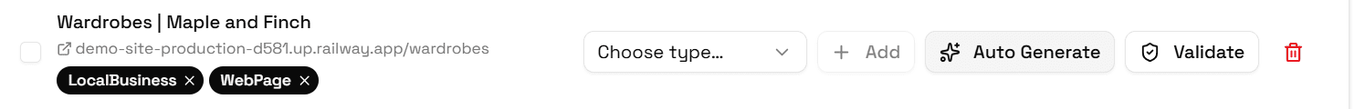 A page in Schema Manager listing its schema types, LocalBusiness and WebPage, next to the Auto Generate button