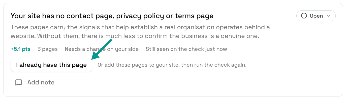 The Fixes card Your site has no contact page, privacy policy or terms page, with an arrow pointing at the I already have this page button