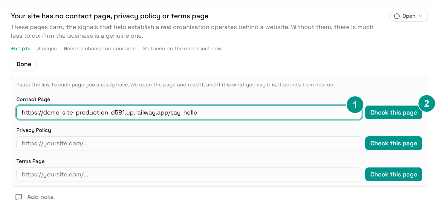 The same card opened: a box for each missing page, with 1 on the link box and 2 on the Check this page button