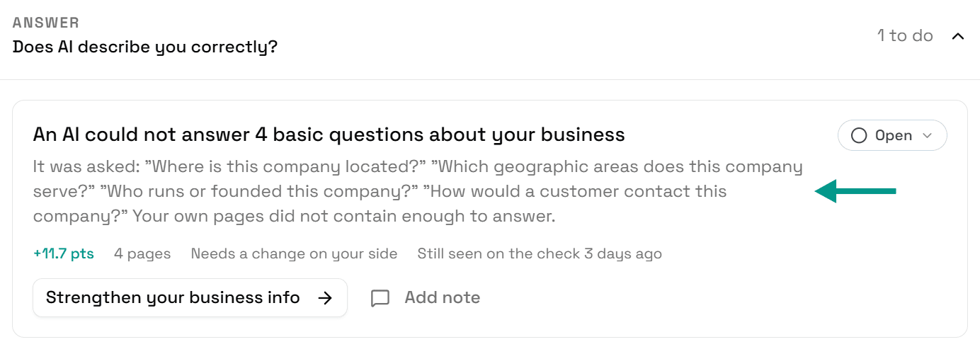 The Answer card listing the questions the AI could not answer, with an arrow pointing at them