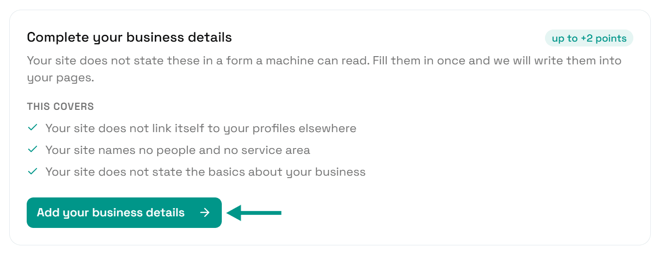 The Fixes card Complete your business details, with an arrow pointing at the Add your business details button