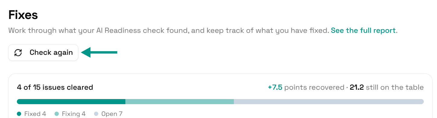 The top of the Fixes page, with an arrow pointing at the Check again button