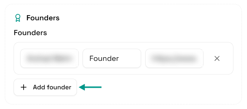 The Founders section, with an arrow pointing at the Add founder button (our details blurred)