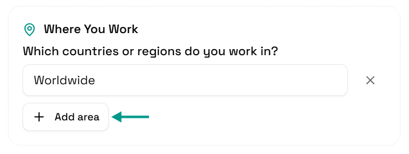 The Where You Work section, with an arrow pointing at the Add area button