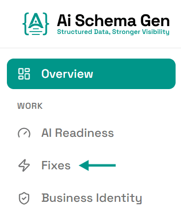 The left-hand menu with an arrow pointing at Fixes