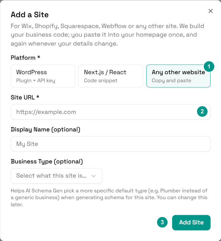 The Add a Site window with Any other website chosen, numbered 1 to 3: platform, site address, Add Site button