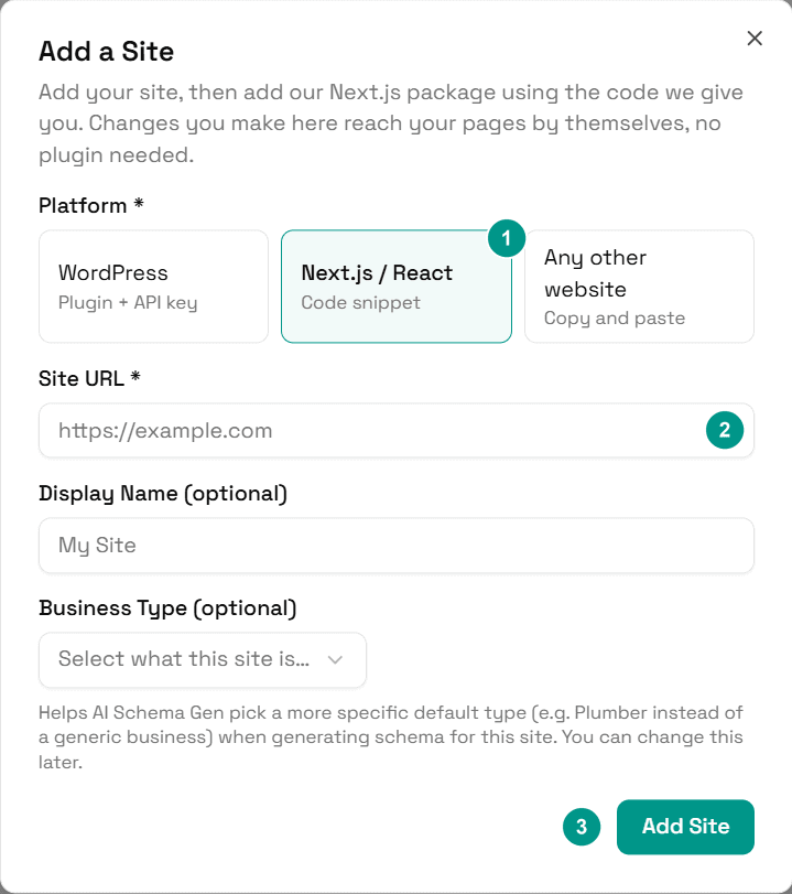 The Add a Site window with Next.js / React chosen, numbered 1 to 3: platform, site address, Add Site button