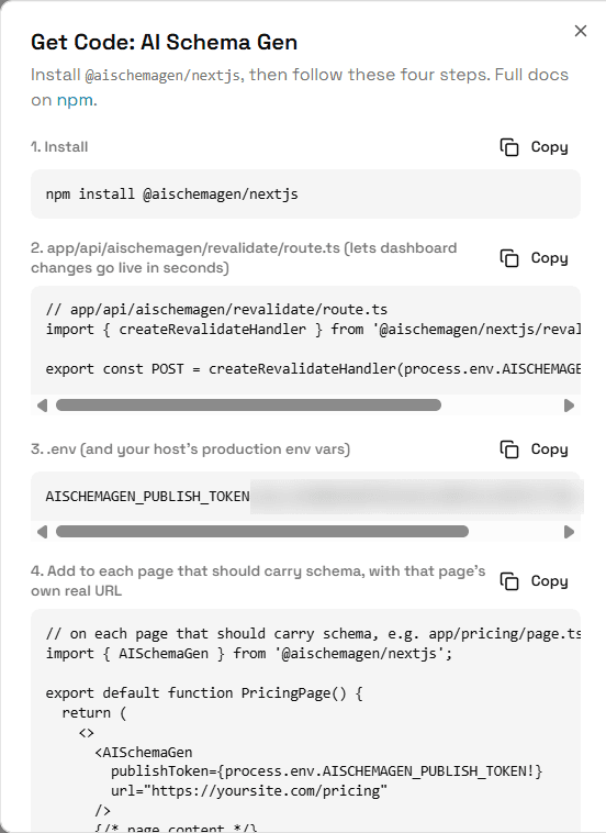 The Get Code window with its four steps: install, route file, publish token (blurred) and the code for each page