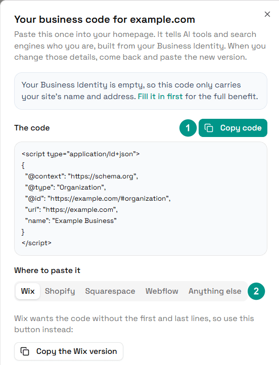 The Your business code window, with 1 on the Copy code button and 2 on the website builder tabs