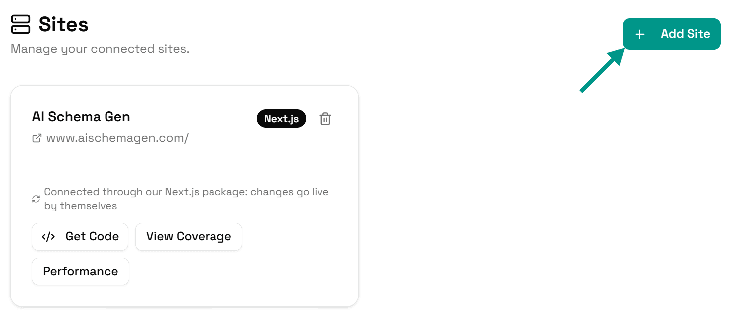 The Sites page with an arrow pointing at the Add Site button