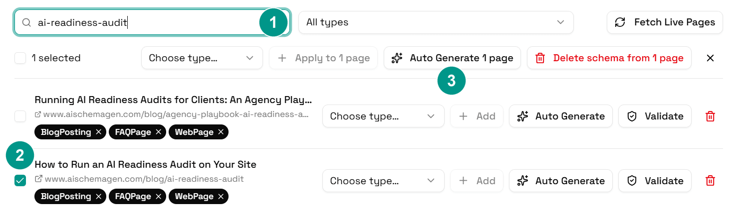 Schema Manager with a page typed into the search box (1), that page ticked (2) and the Auto Generate button (3)