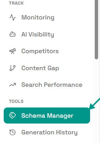 The left-hand menu with an arrow pointing at Schema Manager